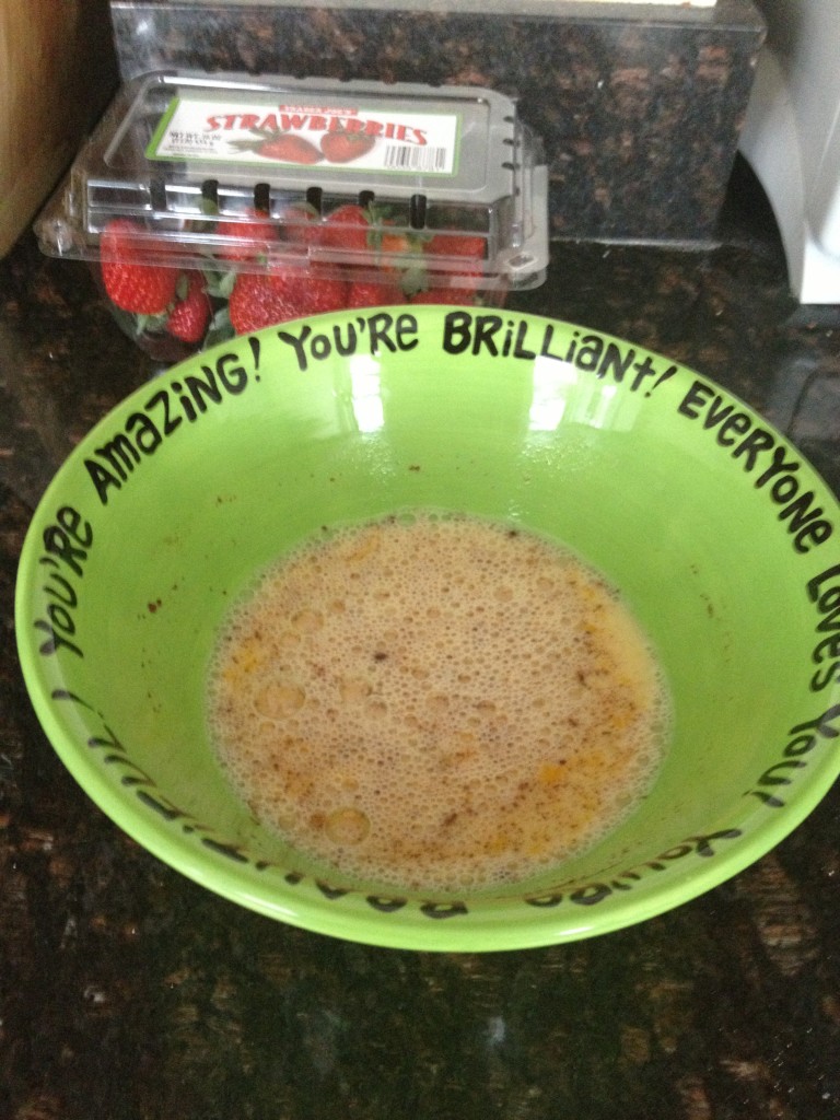 French toast batter - in only the best bowl ever. Whisk together the batter ingredients, and dip bread with crust cut off so the bread gets drenched, but not saturated.